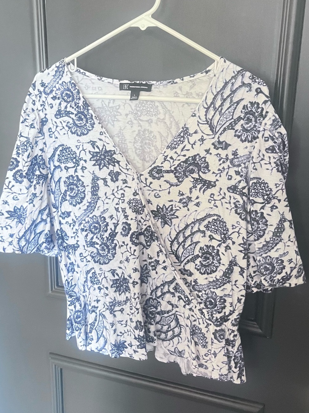 INC International Concepts White and Navy Floral Wrap Top